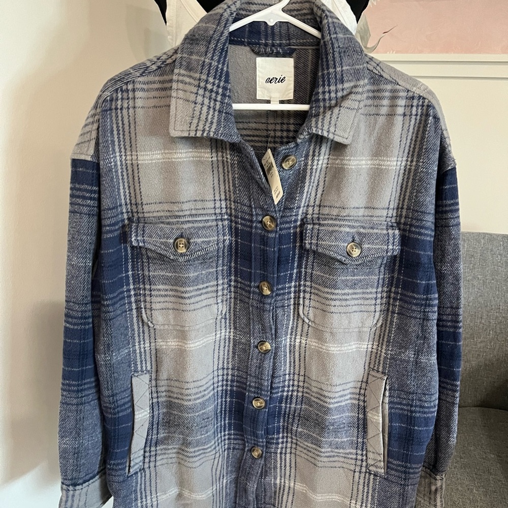Aerie Oversized Blue/gray Flannel Shacket Size Medium NWT Button Up Shirt/jacket